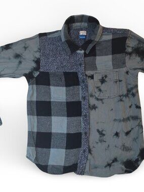 KAVU Tulsa Shirt Womens Medium Patchwork Plaid Tie Dye Button Up Long Sleeve